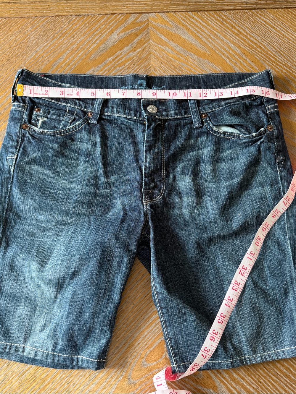 7 For All Mankind Denim Bermuda Shorts 28 Dark Wash Longline Jorts Y2K - Picture 5 of 8